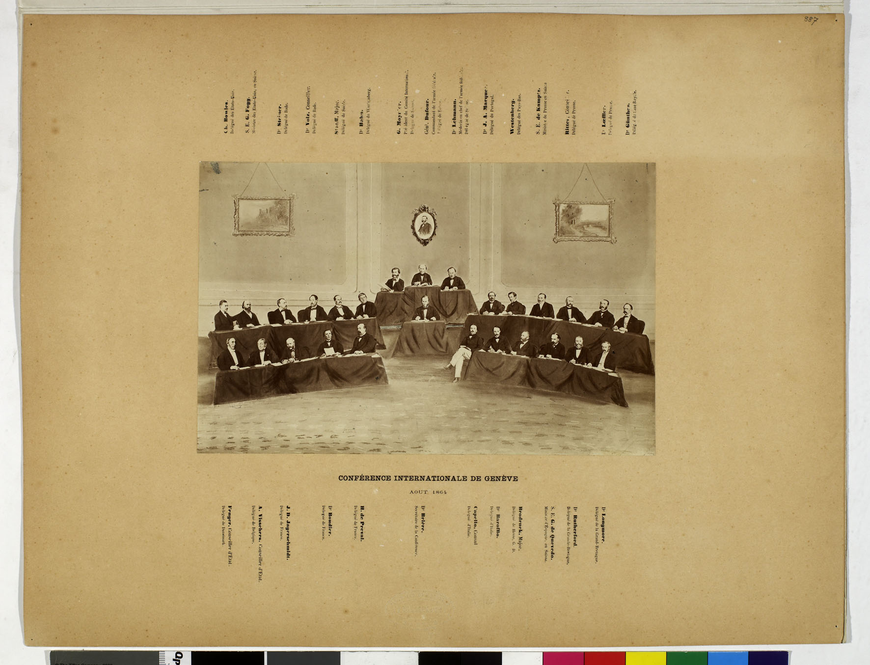 A scene from the 1864 Diplomatic Conference led by General Dufour, the first president of the International Committee for the Relief of the Wounded – the ancestor of the ICRC – founded in February 1863. This photomontage was created at Henry Dunant's request; unable to attend, he asked for his likeness to be added as a medallion. © Paul Gaussen /Bibliothèque de Genève