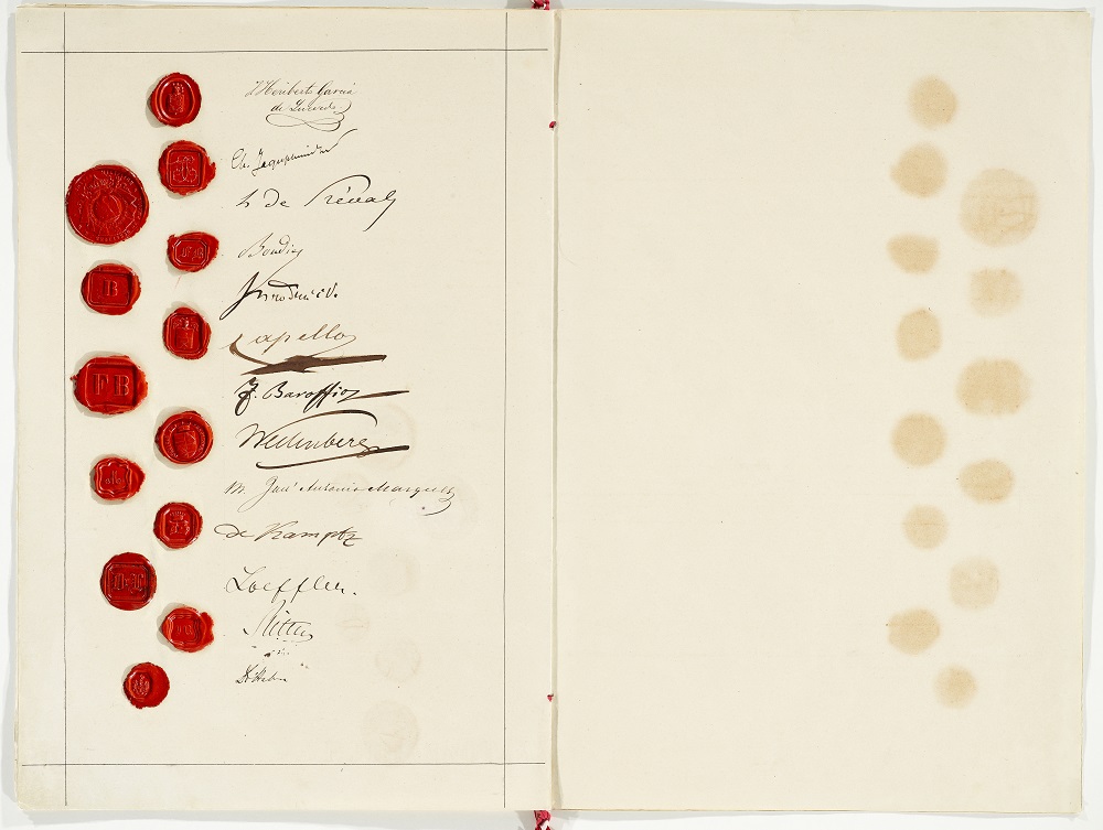 Reproduction of pages 8 and 9 of the original Convention for the Amelioration of the Condition of the Wounded in Armies in the Field of 22 August 1864. © Swiss Federal Archives/ ICRC