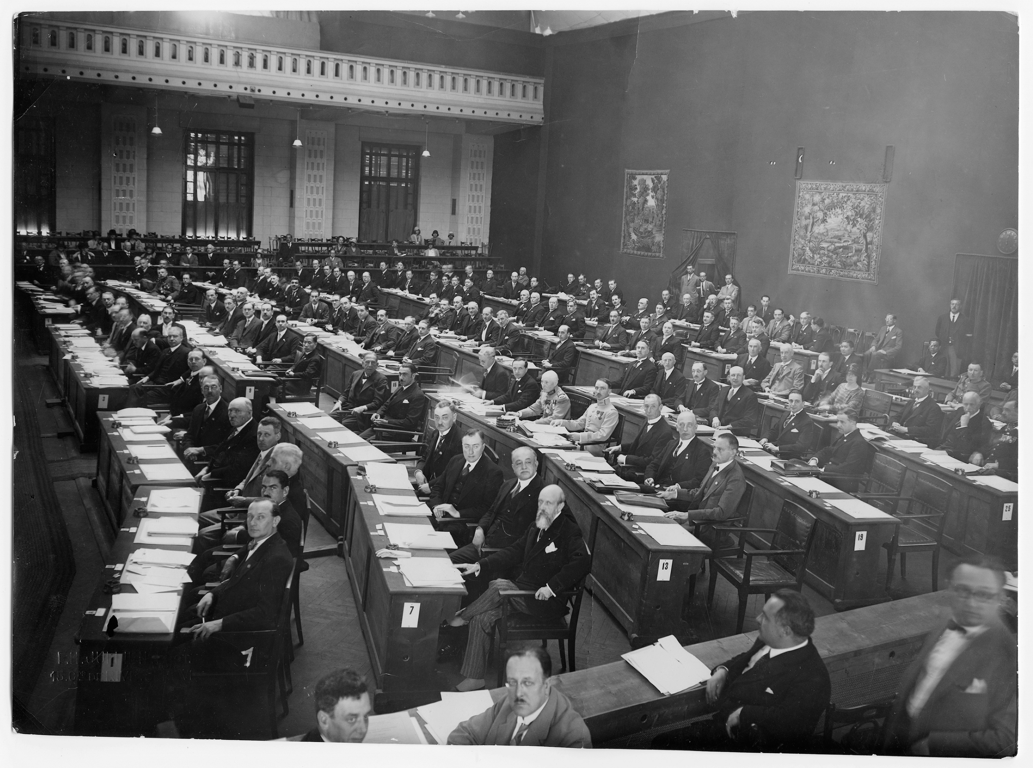 The Diplomatic Conference of 6 July 1929 at Electoral Hall in Geneva, now replaced by Uni Dufour. The Conference was tasked with revising the 1906 Convention and adopting an international convention on the protection of prisoners of war. © ICRC Archives