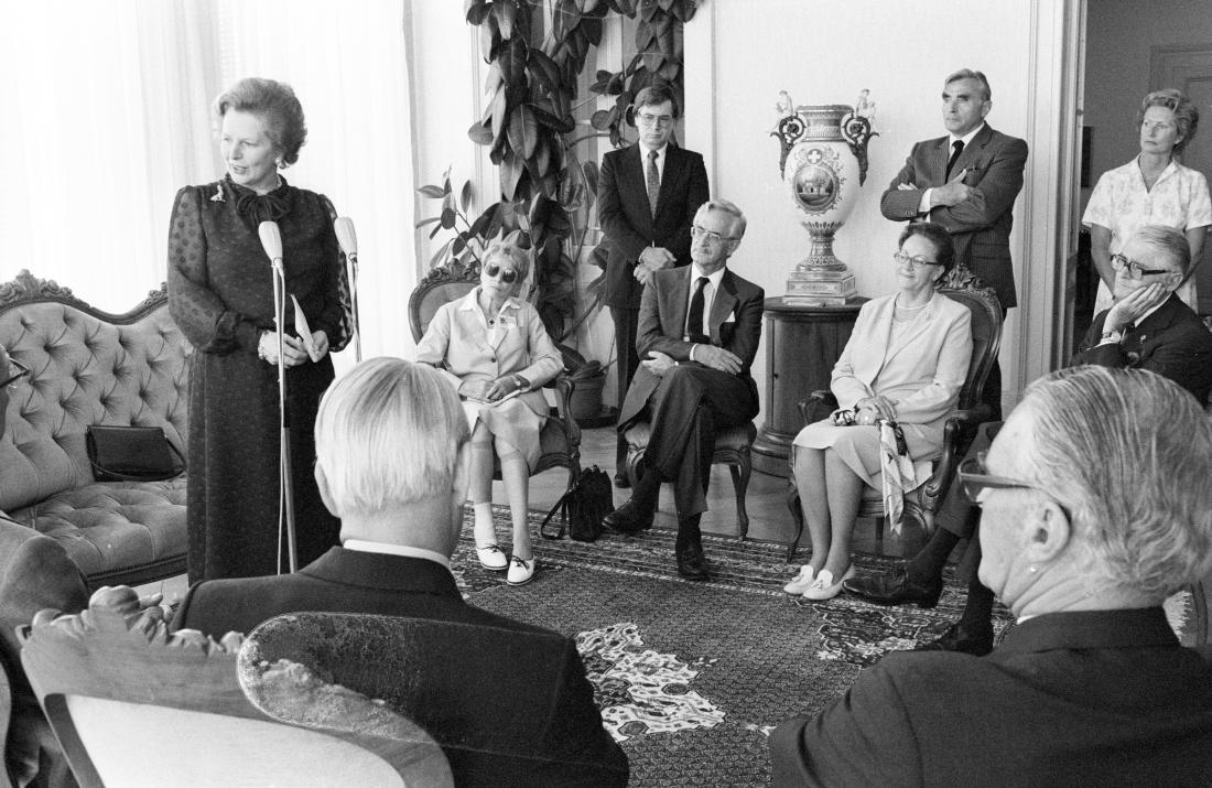 Prime Minister of United Kingdom Margaret Thatcher addresses at the Carlton during her visit to the ICRC on 12 August 1982