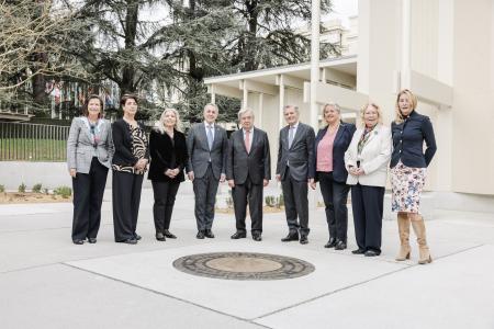 23 February 2026, Geneva, Switzerland. H.E. António Guterres, UN Secretary-General, H.E. Ignazio Cassis, Federal Councillor, Ms. Nathalie Fontanet, State Councillor, and Mr. Ivan Pictet, President of the Fondation pour le Portail des Nations, attend the topping-out ceremony of the "Portail des Nations." This future visitor center at the Palais des Nations aims to modernize public reception and strengthen the dialogue between International Geneva and the public through new exhibition and information spaces